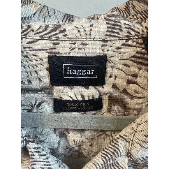 Haggar Shirt Mens XXL Brown 100% Silk Floral Hawaiian Button Up Short Sleeve - Picture 3 of 6